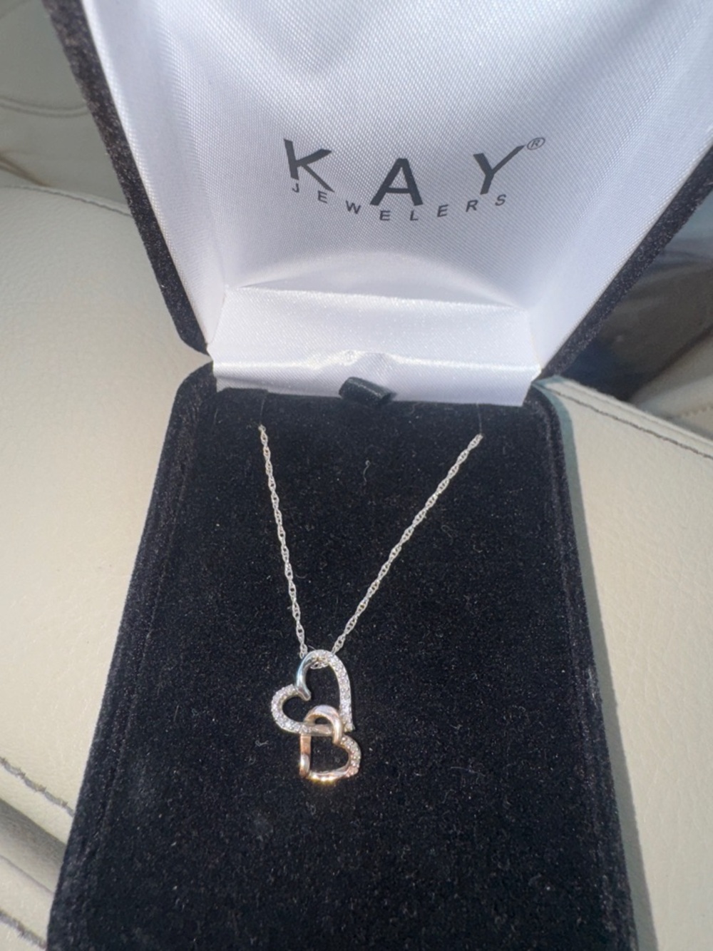 Kay Jewelers 10k Rose Gold & Sterling Silver Double Diamond Heart Necklace - Picture 3 of 3
